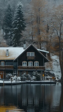 house wallpaper, lake, cozy, background for mobile wallpaper (vertical)