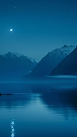 night wallpaper, mountains, reflection, background for mobile wallpaper (vertical)