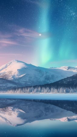 Aurora Borealis wallpaper, mountains, lake, background for mobile wallpaper (vertical)