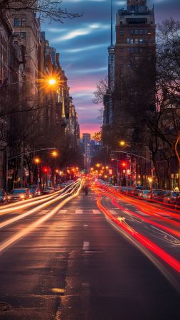 New York City wallpaper, vibrant streets, nighttime cityscape, background for mobile wallpaper (vertical)