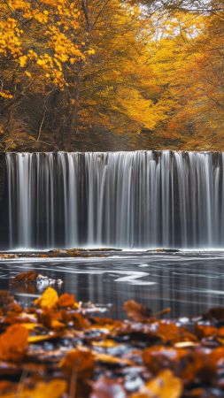 waterfall wallpaper, autumn colors, vibrant leaves, background for mobile wallpaper (vertical)