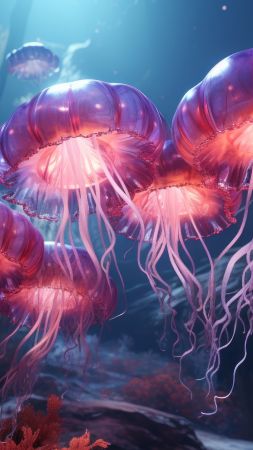 iPhone 15 pro wallpaper, colorful marine life, bioluminescent jellyfish, background for mobile wallpaper (vertical)