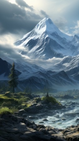 forest wallpaper, stream, landscape, background for mobile wallpaper (vertical)