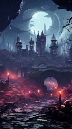 forest wallpaper, enchanted castle, moonlit, background for mobile wallpaper (vertical)