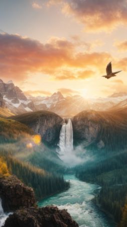 mountains wallpaper, waterfall, scenic, background for mobile wallpaper (vertical)