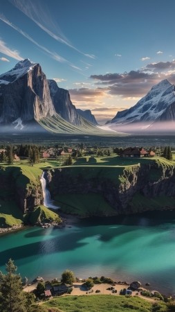 mountains wallpaper, cascading waterfall, nature, background for mobile wallpaper (vertical)