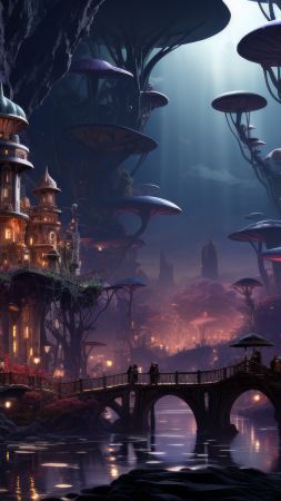 village wallpaper, glowing mushrooms, bioluminescent fungi, background for mobile wallpaper (vertical)