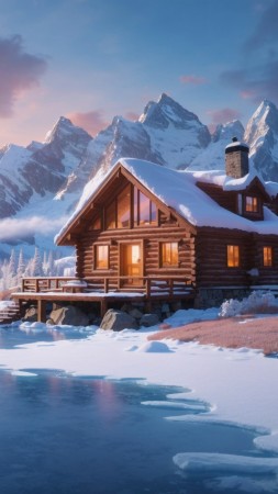 winter wallpaper, house, twilight, background for mobile wallpaper (vertical)