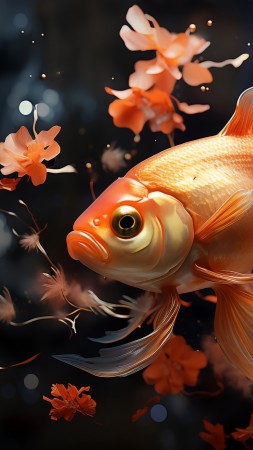 golden fish wallpaper, underwater scene, tropical fish, background for mobile wallpaper (vertical)