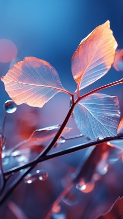 leaves wallpaper, windows, blue hues, background for mobile wallpaper (vertical)