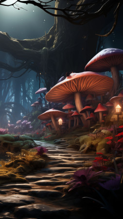 mushrooms wallpaper, whimsical village, quaint cottages, background for mobile wallpaper (vertical)