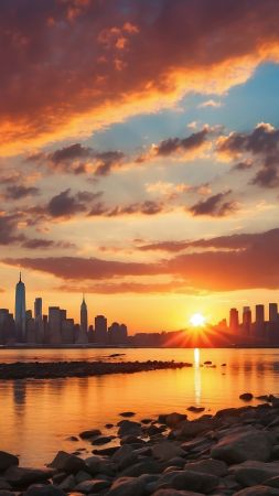 downtown wallpaper, ocean view, evening glow, background for mobile wallpaper (vertical)