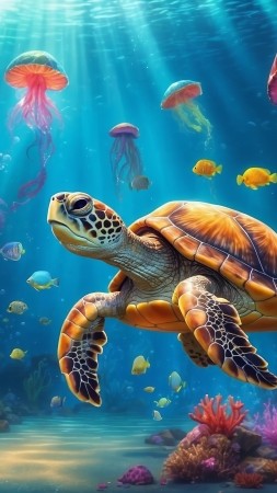 underwater wallpaper, turtle, sea creatures, background for mobile wallpaper (vertical)
