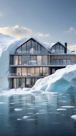 Modern House wallpaper, winter wonderland, minimalist design, background for mobile wallpaper (vertical)