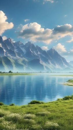 mountains wallpaper, tranquil lake, blue waters, background for mobile wallpaper (vertical)