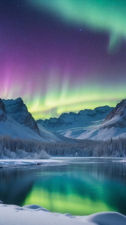 mountains wallpaper, winter, aurora borealis, background for mobile wallpaper (vertical)
