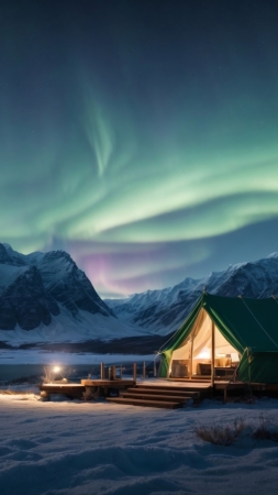 polar lights wallpaper, majestic mountains, cold weather, background for mobile wallpaper (vertical)