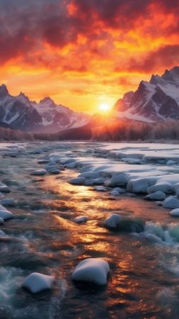 mountains wallpaper, snowy peaks, evening glow, background for mobile wallpaper (vertical)