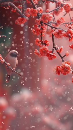 sakura wallpaper, bird, nature, background for mobile wallpaper (vertical)