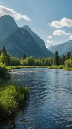 mountains wallpaper, tranquil lake, pine trees, background for mobile wallpaper (vertical)