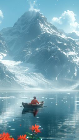 mountains wallpaper, scenic boat, picturesque view, background for mobile wallpaper (vertical)