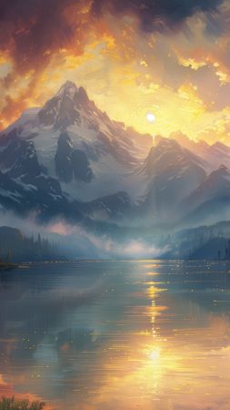 mountains wallpaper, serene lake, picturesque landscape, background for mobile wallpaper (vertical)