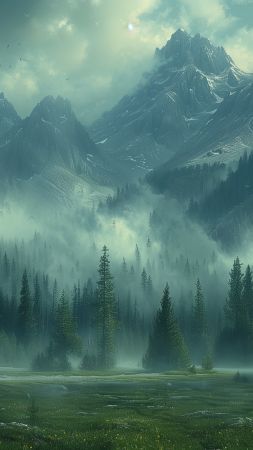 mountains wallpaper, woodland, mist, background for mobile wallpaper (vertical)