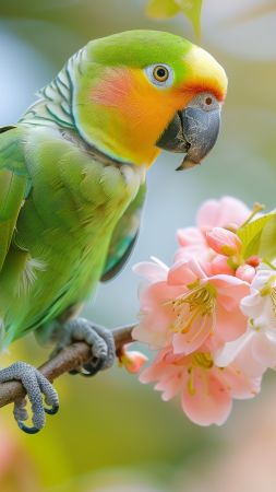 parrot wallpaper, vibrant, blooming flowers, background for mobile wallpaper (vertical)