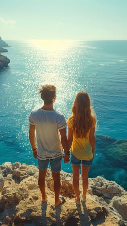 sea wallpaper, girl, coastline, background for mobile wallpaper (vertical)