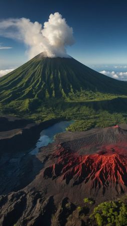 volcano wallpaper, river, geothermal activity, background for mobile wallpaper (vertical)