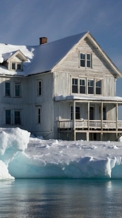 house wallpaper, winter wonderland, snowfall, background for mobile wallpaper (vertical)