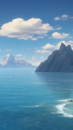 sea wallpaper, coastline, mountain peaks, background for mobile wallpaper (vertical)