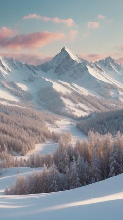 mountains wallpaper, evergreen forest, snow-covered peaks, background for mobile wallpaper (vertical)