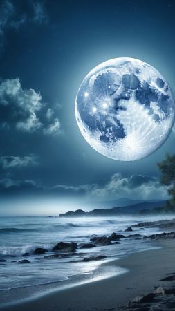 sea wallpaper, waves, night sky, background for mobile wallpaper (vertical)