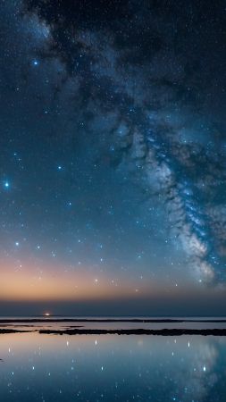 milky way wallpaper, stars, water reflection, background for mobile wallpaper (vertical)