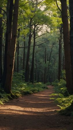 forest wallpaper, wooded path, hiking route, background for mobile wallpaper (vertical)