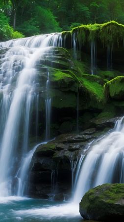 forest wallpaper, woodland, waterfall, background for mobile wallpaper (vertical)