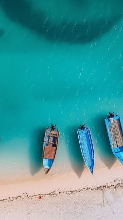 top view wallpaper, beach, vibrant waters, background for mobile wallpaper (vertical)
