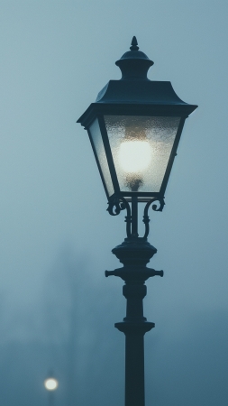 Street lamp in the fog wallpaper, misty atmosphere, soft glow, background for mobile wallpaper (vertical)