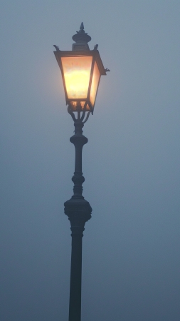 Street lamp in the fog wallpaper, misty atmosphere, urban landscape, background for mobile wallpaper (vertical)
