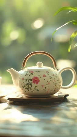 teapot wallpaper, glass, serene, background for mobile wallpaper (vertical)