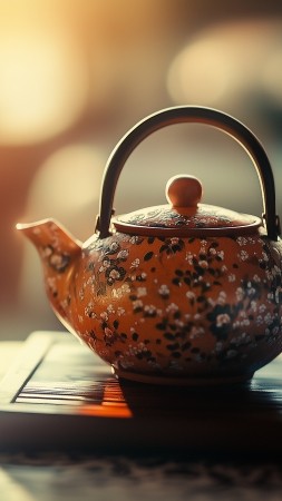 teapot wallpaper, serene, nostalgic, background for mobile wallpaper (vertical)