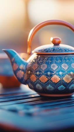 teapot wallpaper, serene art, antique, background for mobile wallpaper (vertical)