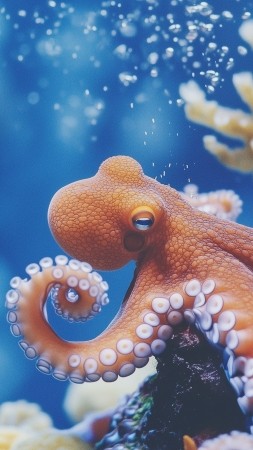 octopus wallpaper, underwater habitat, sea life, background for mobile wallpaper (vertical)