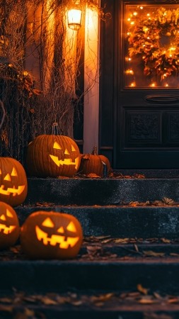 Halloween wallpaper, pumpkin carving, autumn decorations, background for mobile wallpaper (vertical)