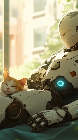 lofi wallpaper, robotic lounge, cozy feline, background for mobile wallpaper (vertical)