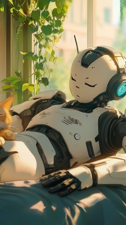 lofi wallpaper, lazy cat, cozy, background for mobile wallpaper (vertical)