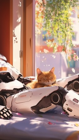 lofi wallpaper, lazy cat, cozy vibes, background for mobile wallpaper (vertical)