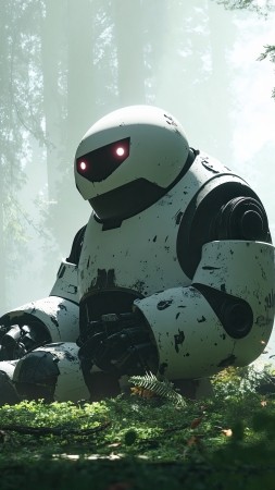 Robot wallpaper, wild, desolate, background for mobile wallpaper (vertical)