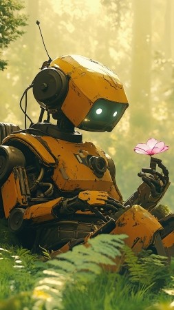 Robot wallpaper, overgrown, untamed, background for mobile wallpaper (vertical)